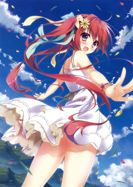 Anime picture 2494x3500 with original yuzuna hiyo single tall image looking at viewer blush fringe highres open mouth hair between eyes standing purple eyes sky cloud (clouds) red hair very long hair hair flower wind scan girl