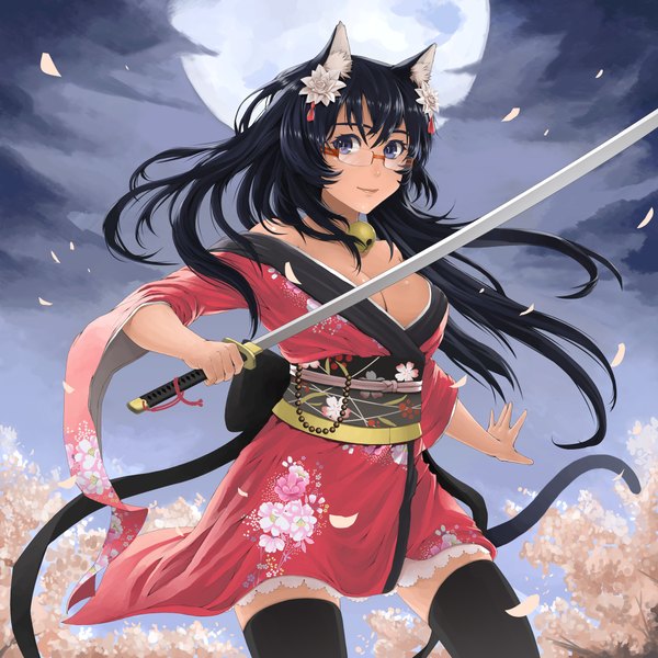 Anime picture 2000x2000 with original jchoy single long hair highres blue eyes black hair animal ears tail traditional clothes japanese clothes animal tail hair flower cat ears night cat girl cat tail girl thighhighs hair ornament
