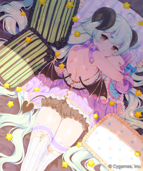 Anime picture 667x800 with original donacoo single long hair tall image looking at viewer brown eyes blue hair horn (horns) girl thighhighs dress white thighhighs wings frills pillow
