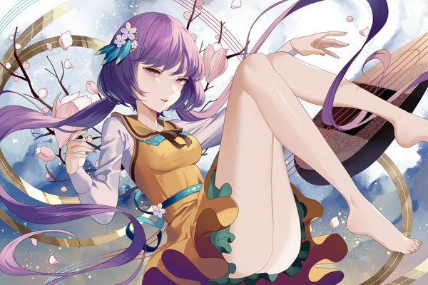 Anime picture 1800x1200 with touhou tsukumo benben hillly (maiwetea) single looking at viewer highres light erotic purple eyes twintails purple hair very long hair barefoot hair flower bare legs legs low twintails girl flower (flowers) petals musical instrument
