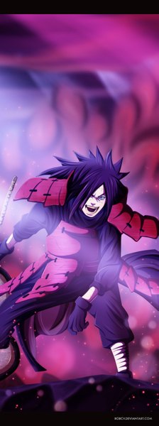 Anime picture 1213x3245 with naruto studio pierrot naruto (series) uchiha madara robcv single long hair tall image fringe open mouth blue eyes smile purple hair hair over one eye coloring dust rinnegan boy gloves armor