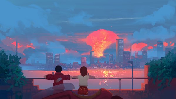 Anime picture 3840x2160 with akira kaneda shoutarou kaori (akira) gydw1n long hair highres short hair black hair brown hair wide image standing absurdres sky from behind city evening sunset cityscape river panorama