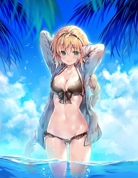 Anime picture 1304x1678 with fate (series) fate/grand order jeanne d'arc (fate) (all) jeanne d'arc (swimsuit archer) miwabe sakura single tall image looking at viewer blush fringe breasts light erotic blonde hair hair between eyes standing sky cleavage cloud (clouds) outdoors braid (braids)