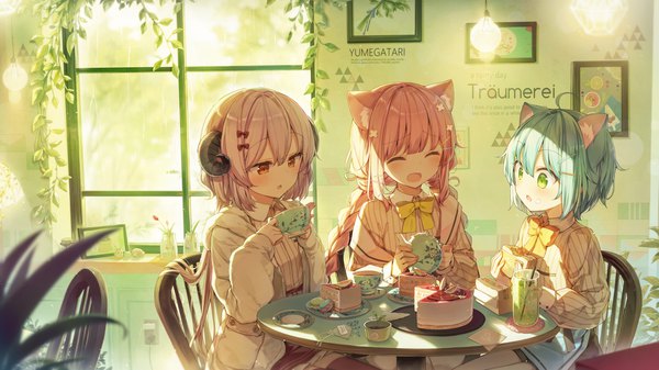 Anime picture 2000x1125 with original shnva long hair blush fringe highres short hair open mouth hair between eyes wide image sitting multiple girls holding brown eyes green eyes animal ears payot pink hair ahoge indoors