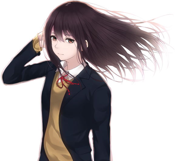 Anime picture 1235x1094 with original saitou (lynx-shrike) single long hair looking at viewer fringe simple background brown hair white background brown eyes light smile wind adjusting hair girl uniform ribbon (ribbons) school uniform