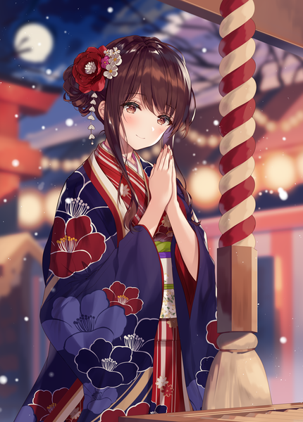 Anime picture 1000x1396 with original necomi (gussan) single long hair tall image looking at viewer blush brown hair standing brown eyes payot outdoors traditional clothes japanese clothes fingernails light smile blurry night wide sleeves depth of field