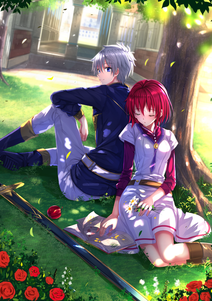 Anime picture 1102x1560 with akagami no shirayukihime studio bones shirayuki (akagami no shirayukihime) zen wistalia (akagami no shirayukihime) swordsouls tall image short hair blue eyes silver hair red hair eyes closed girl dress boy flower (flowers) weapon plant (plants) sword tree (trees) rose (roses)