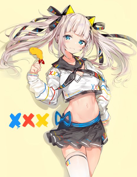 Anime picture 1380x1780 with virtual youtuber the moon studio kaguya luna silver (chenwen) single long hair tall image looking at viewer blush fringe breasts blue eyes simple background standing twintails holding payot cleavage silver hair blunt bangs