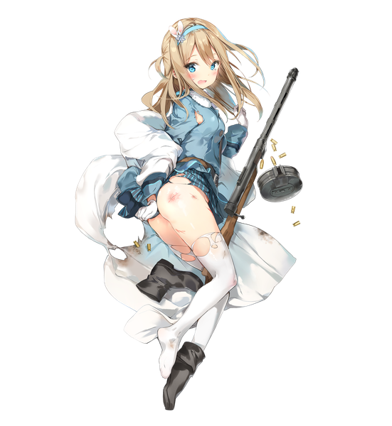 Anime picture 2000x2177 with girls frontline suomi kp31 (girls frontline) anmi single long hair tall image looking at viewer blush fringe highres open mouth blue eyes light erotic blonde hair hair between eyes standing holding full body bent knee (knees) ass
