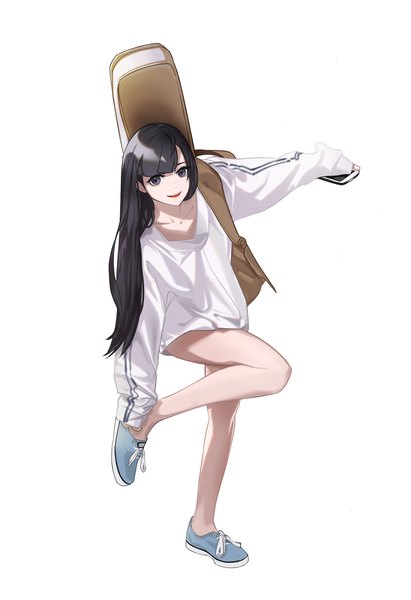 Anime picture 1371x2000 with original himmel single long hair tall image looking at viewer fringe black hair simple background standing white background full body black eyes bare legs leaning leaning forward lipstick outstretched arm standing on one leg red lipstick