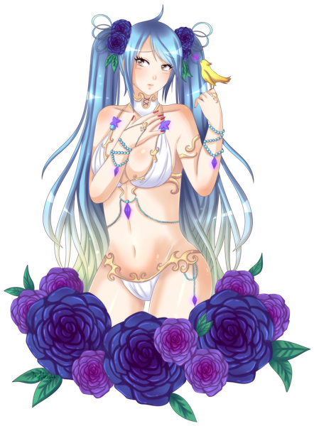Anime picture 1024x1390 with league of legends sona buvelle hyldenia single tall image blush breasts light erotic large breasts twintails brown eyes blue hair looking away very long hair transparent background girl navel swimsuit animal bikini