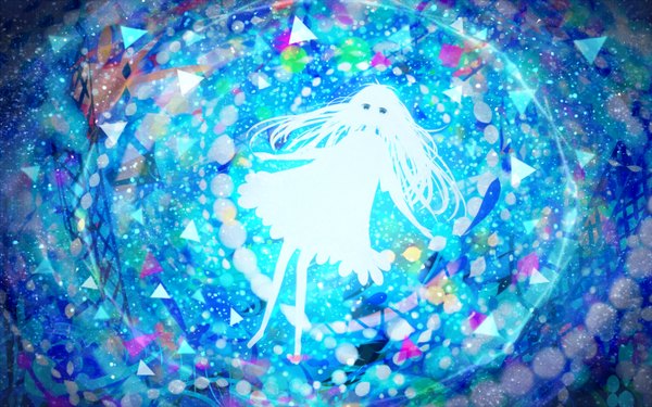 Anime picture 1344x840 with original bounin single long hair looking at viewer blue eyes wide image white hair barefoot spread arms scenic multicolored girl dress white dress