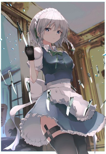 Anime picture 1681x2435 with touhou izayoi sakuya iyo (ya na kanji) single tall image looking at viewer short hair blue eyes holding silver hair indoors braid (braids) from below maid twin braids border outside border girl thighhighs gloves