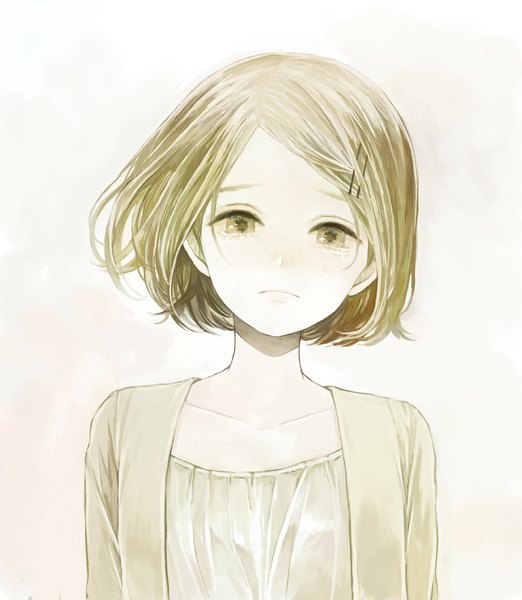 Anime picture 985x1132 with original yumi (tuzisaka) single tall image looking at viewer fringe short hair simple background blonde hair white background green eyes tears crying sad girl hair ornament bobby pin