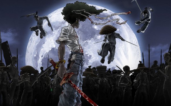 Anime picture 1920x1200 with afro samurai highres black hair wide image torn clothes jumping silhouette army afro weapon hat sword bracelet katana moon blood bandage (bandages) crowd