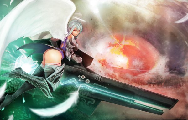 Anime picture 1200x768 with original tagme (artist) single long hair looking at viewer light erotic bare shoulders pink eyes from behind aqua hair back flying angel wings angel girl thighhighs gloves weapon wings armor
