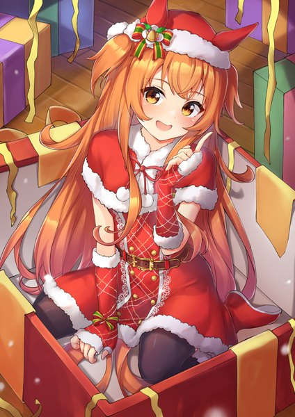Anime picture 2894x4093 with umamusume mayano top gun (umamusume) pizza (pizzania company) single long hair tall image looking at viewer highres open mouth sitting :d orange hair orange eyes two side up official alternate costume wariza christmas miracles of the holy night (umamusume) girl ribbon (ribbons)