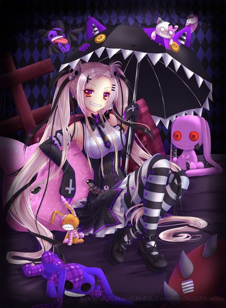 Anime picture 1400x1909 with original rimapichi single tall image black hair smile red eyes purple eyes twintails pink hair very long hair multicolored hair black eyes two-tone hair orange eyes grin goth-loli rhombus o o girl