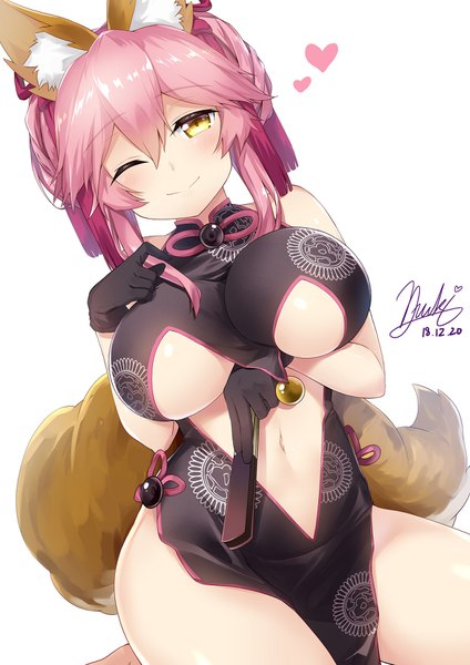 Anime picture 1240x1754 with fate (series) fate/grand order tamamo (fate) (all) koyanskaya subaru (794829485) single tall image looking at viewer blush fringe short hair breasts light erotic simple background smile hair between eyes large breasts white background bare shoulders holding