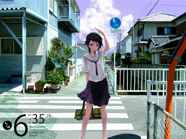 Anime picture 1500x1125 with original mikipuruun no naegi single short hair black hair purple eyes cloud (clouds) arm up scenic crosswalk girl plant (plants) serafuku building (buildings) bag fence house traffic sign chain-link fence