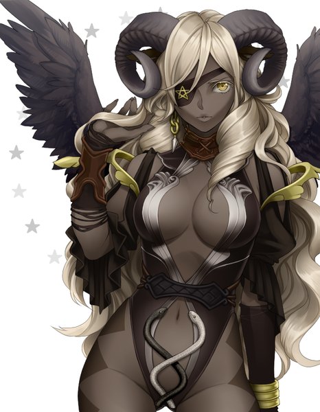 Anime picture 700x900 with original chimachi single long hair tall image looking at viewer breasts light erotic simple background blonde hair large breasts white background yellow eyes parted lips horn (horns) dark skin drill hair black wings girl animal