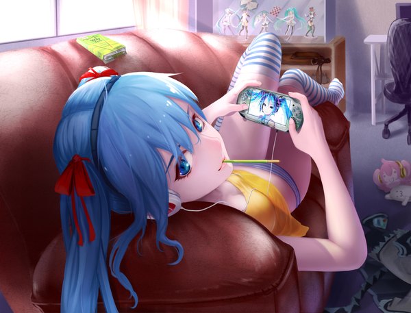 Anime picture 2100x1600 with vocaloid hatsune miku wei ji single long hair looking at viewer highres blue eyes light erotic twintails blue hair lying no shoes girl thighhighs underwear panties bow hair bow sweets