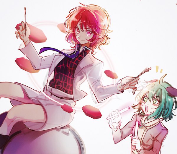 Anime picture 2300x2000 with touhou kasodani kyouko horikawa raiko aibivy fringe highres short hair open mouth simple background hair between eyes white background sitting multiple girls green eyes animal ears ahoge red hair pink eyes green hair symbol-shaped pupils