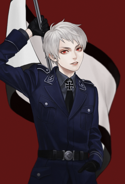 Anime picture 910x1331 with axis powers hetalia studio deen prussia (hetalia) fioletovyy single tall image looking at viewer short hair simple background red eyes standing holding silver hair arm up light smile red background hand in pocket boy gloves uniform