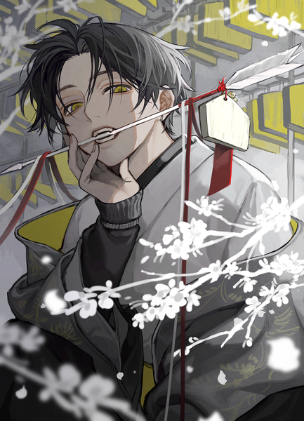 Anime picture 1083x1500 with original uminonew single tall image looking at viewer short hair black hair holding yellow eyes upper body traditional clothes japanese clothes from below mouth hold hand to mouth boy flower (flowers) branch arrow (arrows) ema
