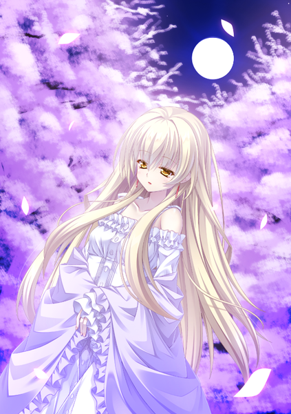 Anime picture 595x842 with original argenteumastrum single long hair tall image blonde hair bare shoulders yellow eyes looking away nail polish parted lips fingernails wind night wide sleeves cherry blossoms girl dress plant (plants) earrings