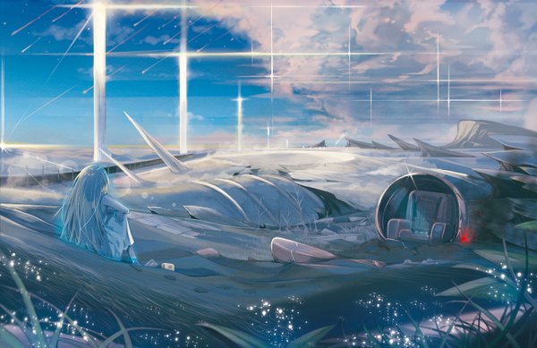 イラスト 1350x876 と オリジナル ときち ソロ 長髪 座る 青い髪 空 cloud (clouds) landscape fantasy scenic meteor rain 女の子 ドレス 植物 白いドレス 星 草 tower 宇宙船