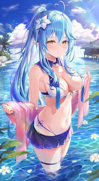 Anime picture 1052x1916 with virtual youtuber hololive yukihana lamy rin yuu single long hair tall image looking at viewer blush fringe breasts light erotic hair between eyes large breasts standing holding yellow eyes payot blue hair sky