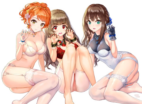 Anime picture 1625x1200 with idolmaster idolmaster cinderella girls shibuya rin houjou karen kamiya nao hhama long hair looking at viewer blush fringe short hair breasts open mouth light erotic simple background smile red eyes brown hair large breasts white background