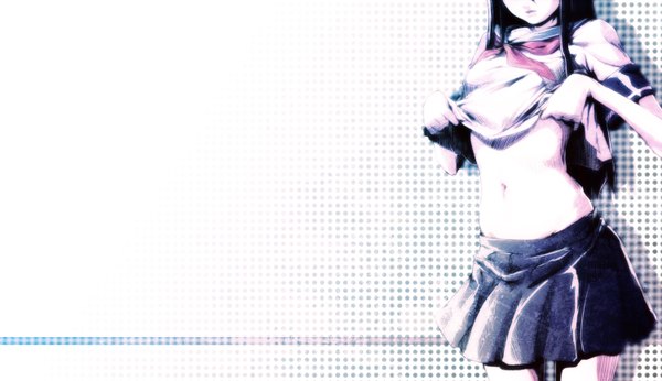 Аниме картинка 1500x866 с mubouou aasaa один (одна) длинные волосы лёгкая эротика чёрные волосы широкое изображение плиссированная юбка раздевание голова вне кадра девушка пупок форма школьная форма мини-юбка матроска