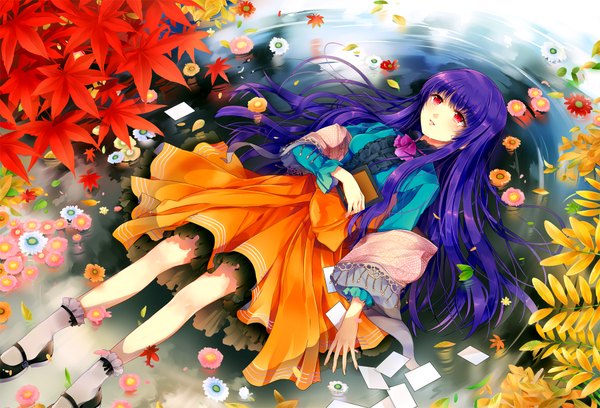 Anime picture 1800x1224 with original ells (ellsat) single long hair highres red eyes purple hair lying on back autumn girl dress flower (flowers) plant (plants) petals tree (trees) water socks shoes book (books)