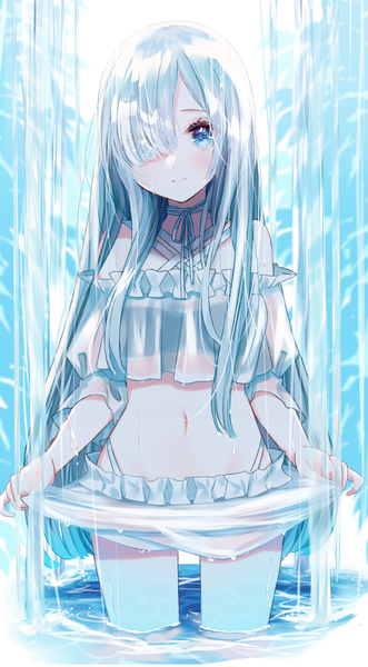 Anime picture 1104x2000 with original sinsihukunokonaka single long hair tall image looking at viewer blush fringe blue eyes smile standing silver hair blunt bangs hair over one eye off shoulder wet partially submerged wet clothes waterfall skirt hold