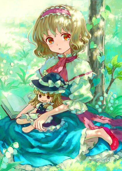 Anime picture 1295x1812 with touhou kirisame marisa alice margatroid ama-tou single tall image short hair blonde hair sitting orange eyes witch girl dress bow plant (plants) tree (trees) hairband book (books) witch hat doll (dolls)