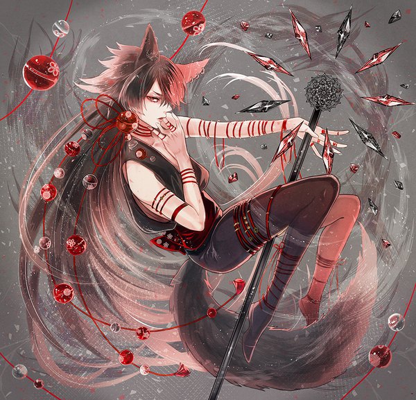 Anime picture 1000x963 with original morino bambi single looking at viewer fringe simple background hair between eyes red eyes brown hair animal ears full body bent knee (knees) tail very long hair animal tail profile grey background piercing ear piercing hand to mouth