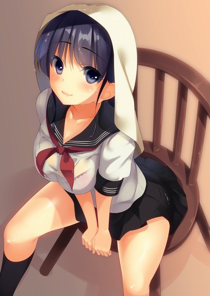 Anime picture 637x900 with original neko neko koneko single long hair tall image looking at viewer blush blue eyes black hair girl skirt uniform miniskirt socks serafuku black socks