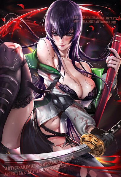 Anime picture 612x900 with highschool of the dead madhouse busujima saeko sakimichan single long hair tall image looking at viewer blush fringe breasts light erotic smile large breasts sitting bare shoulders holding signed purple hair bent knee (knees)