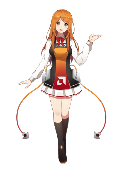 Anime picture 724x1024 with amd zenka single long hair tall image looking at viewer fringe breasts open mouth smile large breasts standing brown eyes full body long sleeves arm up orange hair transparent background rendered girl