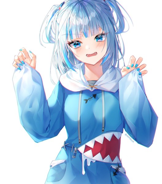 Anime picture 750x850 with virtual youtuber hololive hololive english gawr gura gawr gura (1st costume) minttchocok single tall image blush short hair open mouth blue eyes simple background white background signed silver hair upper body nail polish head tilt multicolored hair
