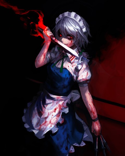 Anime picture 1000x1250 with touhou izayoi sakuya spark621 single tall image fringe simple background red eyes standing holding looking away silver hair braid (braids) maid glowing dark background bloody clothes glowing weapon bloody weapon crazy
