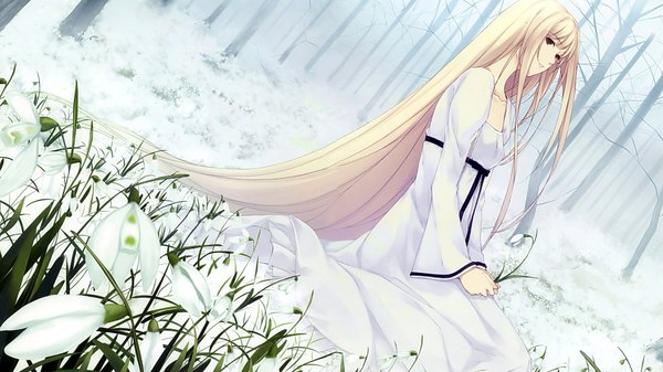 Anime picture 1920x1080 with caucasus nanatsuki shion sugina miki long hair highres open mouth blonde hair red eyes wide image very long hair dutch angle winter snow girl dress flower (flowers) plant (plants) tree (trees)