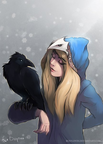 Anime picture 1005x1400 with dota 2 (game) rylai crestfall (dota 2) rufflovin long hair tall image blonde hair smile signed eyes closed head tilt lips snowing arm behind back bird on hand girl animal bird (birds) hood hoodie snowflake (snowflakes)