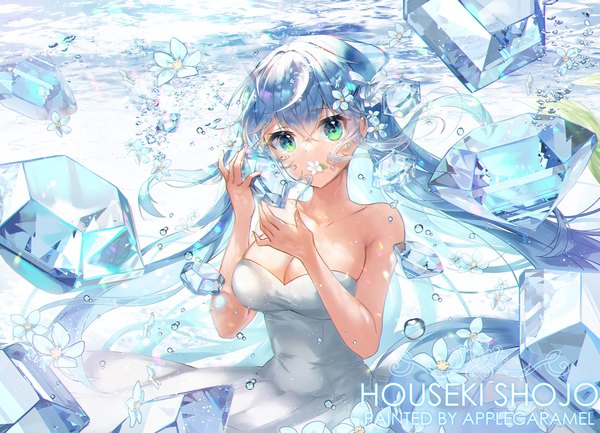 Anime picture 1800x1300 with original apple caramel single long hair looking at viewer fringe highres breasts hair between eyes twintails bare shoulders holding green eyes signed blue hair cleavage hair flower floating hair underwater flower in mouth