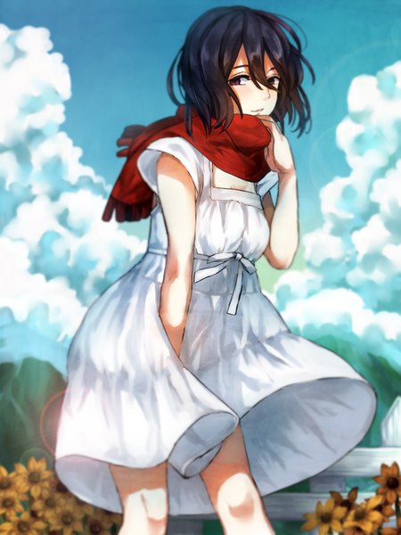 Anime picture 600x800 with shingeki no kyojin production i.g mikasa ackerman suminosumire single tall image blush fringe short hair black hair hair between eyes looking away sky cloud (clouds) parted lips wind black eyes summer girl dress