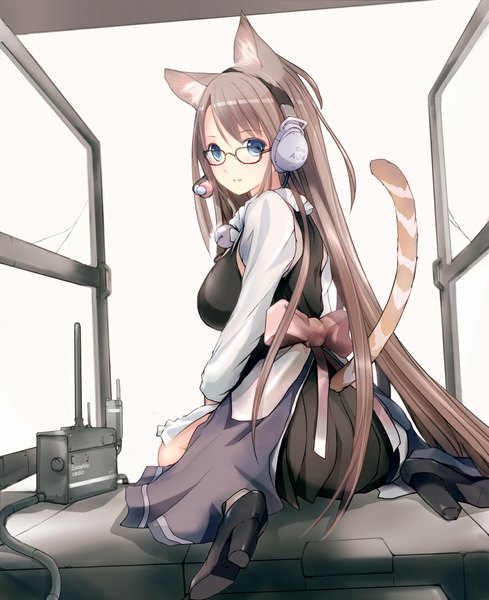 Anime picture 880x1080 with original h016 single long hair tall image looking at viewer blush breasts blue eyes brown hair large breasts sitting animal ears tail animal tail looking back cat ears cat tail high heels wariza