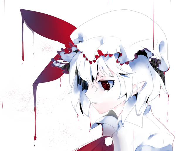 Anime picture 1257x1083 with touhou remilia scarlet ikurauni single fringe short hair hair between eyes red eyes white background looking away white hair parted lips profile pointy ears pale skin black sclera albino alternate hair color girl bow