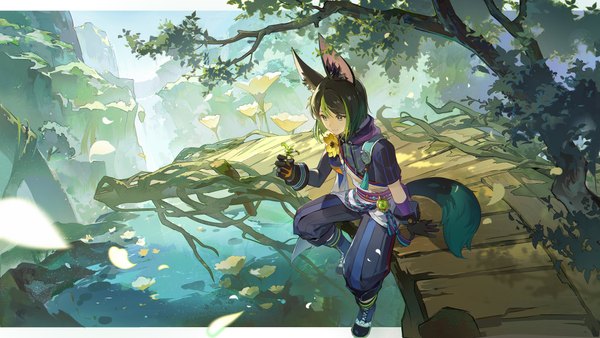 Anime picture 3840x2160 with genshin impact tighnari (genshin impact) yandee233 single highres short hair black hair wide image sitting holding green eyes animal ears absurdres full body outdoors tail animal tail multicolored hair streaked hair letterboxed